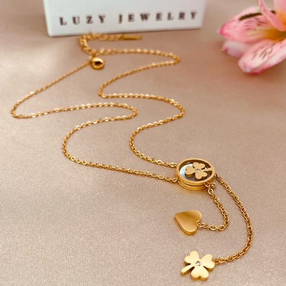 18K Gold Lucky Leave Charm Tassels Dainty Necklace - Picture 2 of 8